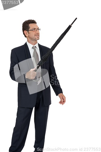 Image of mature attractive business man with umbrella isolated