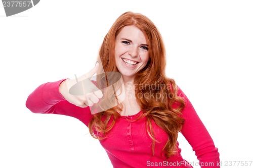 Image of young smiling redhead woman portrait isolated expression 