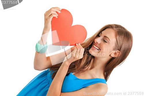 Image of smiling young woman and red heart love valentines day 