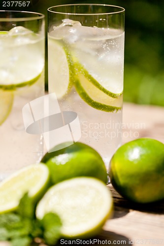 Image of fresh cold refreshment drink mineral water soda with lime and mint