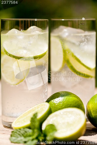 Image of fresh cold refreshment drink mineral water soda with lime and mint