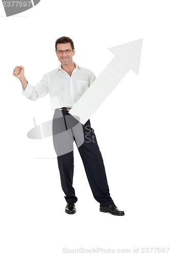 Image of adult smiling businessman red signboard pointing isolated