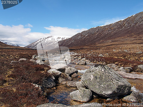 Image of Lairig Ghru seen from river Dee, Scotland in spring