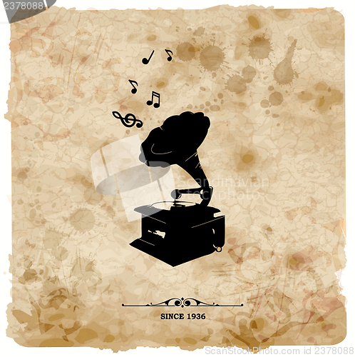Image of Vintage postcard. Retro turntable on grunge background