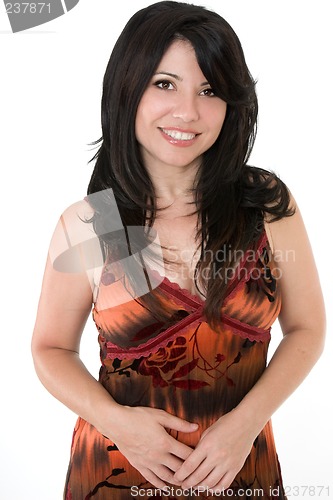 Image of Smiling woman in summer dress