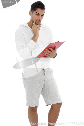 Image of Thoughtful man holding a red clipboard