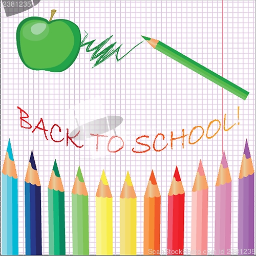 Image of Back to school, school books with apple on desk, vector Eps10 illustration