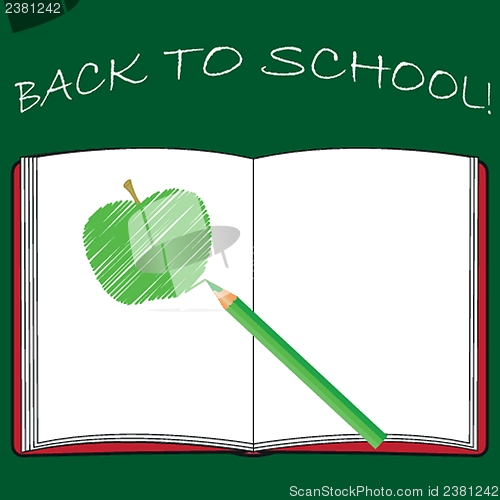 Image of Back to school, school books with apple on desk, vector Eps10 illustration