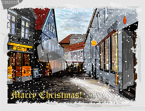 Image of Illustration of snowy street. Christmas greeting card.