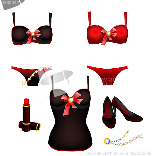 Image of seductive lingerie collection, lipstick and shoes