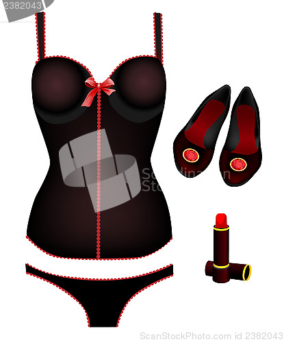 Image of seductive lingerie collection, lipstick and shoes