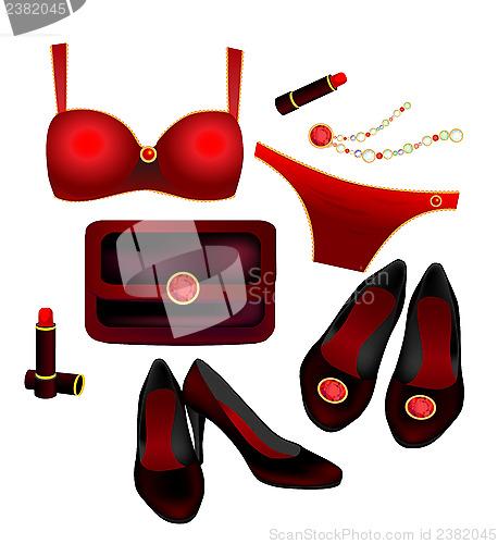Image of seductive lingerie, lipstick, clutch, necklace, and shoes