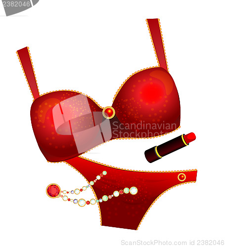 Image of seductive red  lingerie, lipstick and necklace