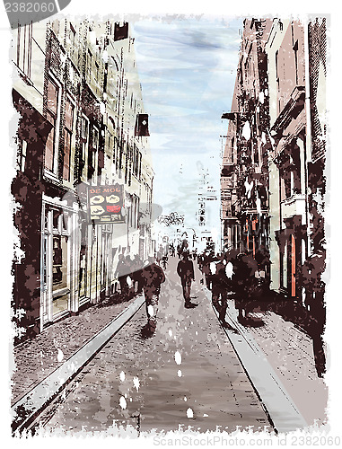 Image of Illustration of city street. Watercolor style.