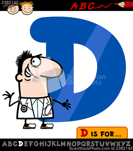 Image of letter d with doctor cartoon illustration