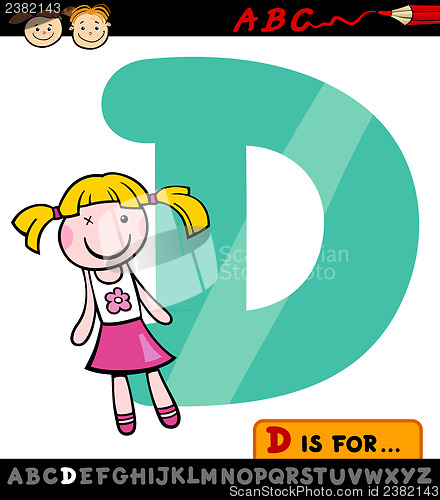 Image of letter d with doll cartoon illustration