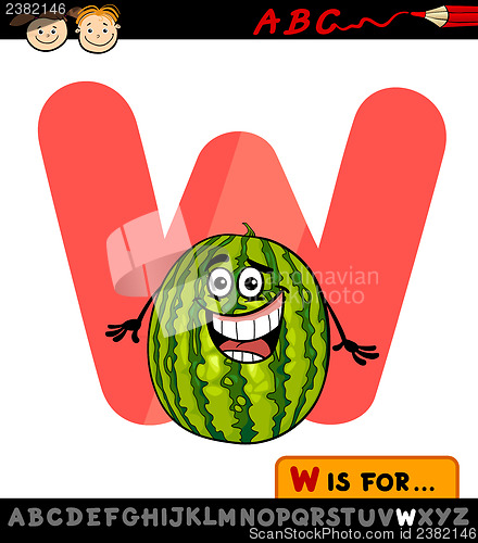 Image of letter w with watermelon cartoon illustration