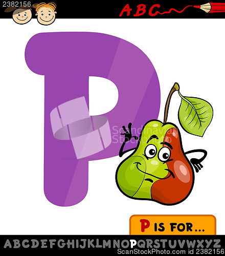 Image of letter p with pear cartoon illustration