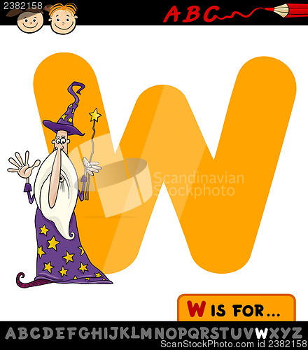 Image of letter w with wizard cartoon illustration