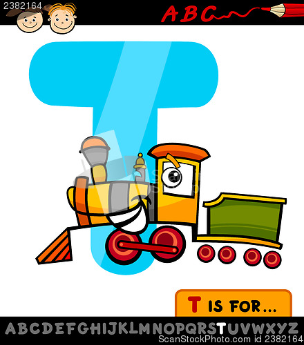 Image of letter t with train cartoon illustration