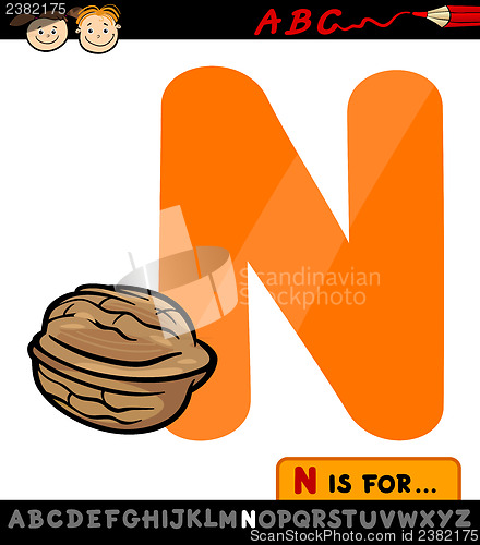 Image of letter n with nut cartoon illustration