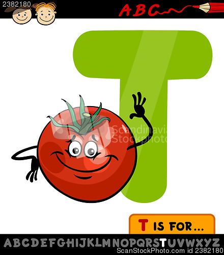 Image of letter t with tomato cartoon illustration