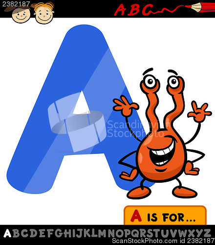 Image of letter a with alien cartoon illustration