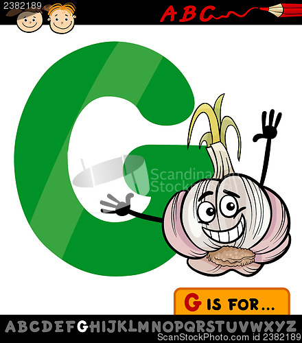 Image of letter g with garlic cartoon illustration