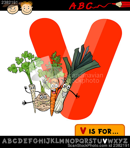 Image of letter v with vegetables cartoon illustration