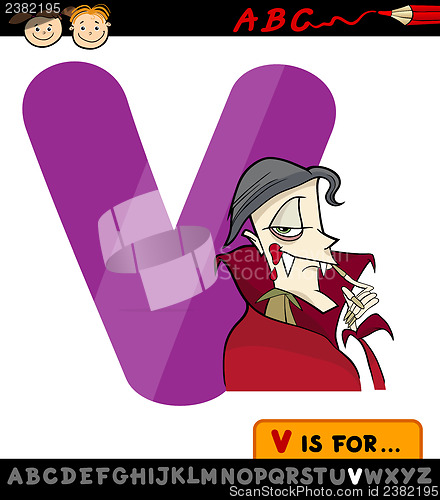 Image of letter v with vampire cartoon illustration
