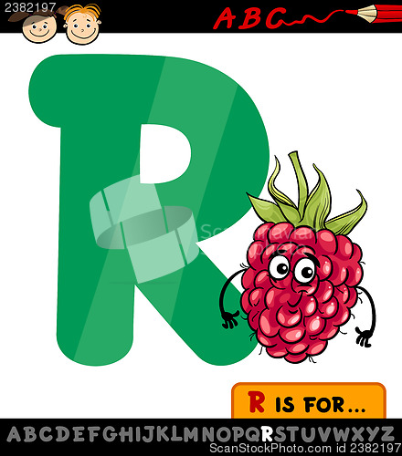 Image of letter r with raspberry cartoon illustration