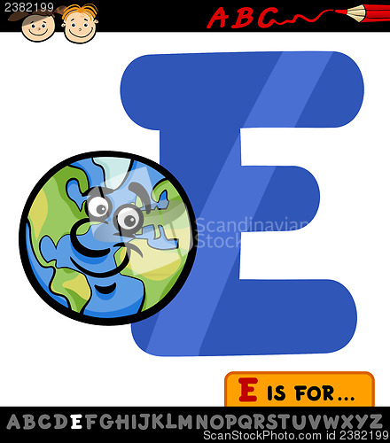 Image of letter e with earth cartoon illustration