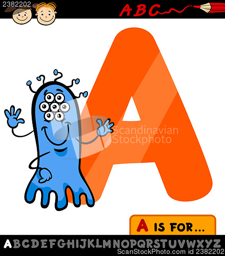 Image of letter a with alien cartoon illustration