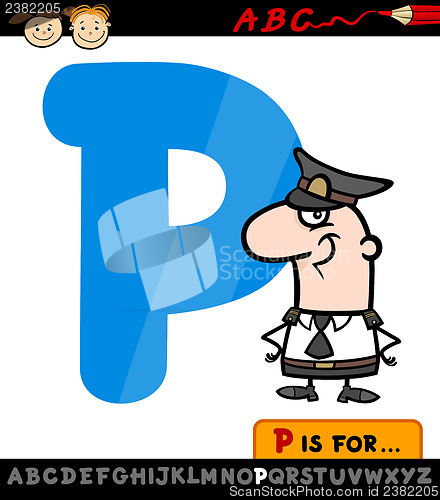 Image of letter p with policeman cartoon illustration