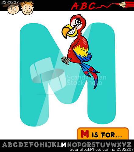 Image of letter m with macaw cartoon illustration
