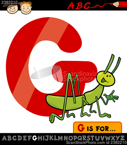 Image of letter g with grasshopper cartoon illustration