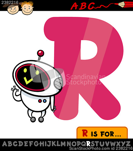 Image of letter r with robot cartoon illustration