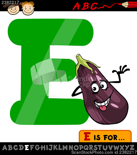 Image of letter e with eggplant cartoon illustration