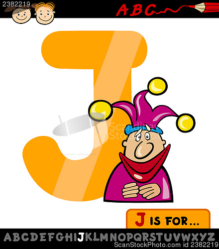 Image of letter j with jester cartoon illustration