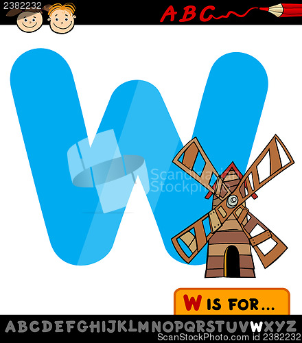 Image of letter w with windmill cartoon illustration