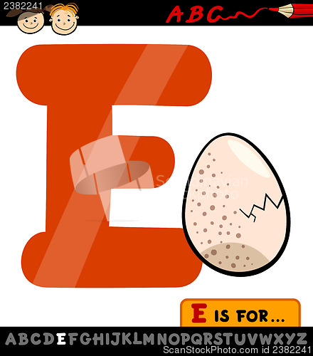 Image of letter e with egg cartoon illustration