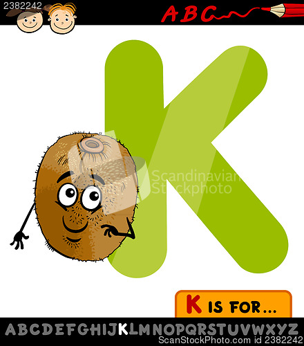 Image of letter k with kiwi cartoon illustration