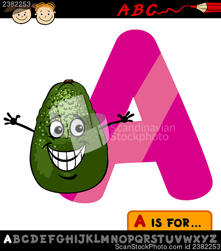 Image of letter a with avocado cartoon illustration