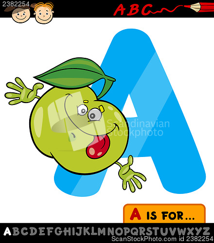 Image of letter a with apple cartoon illustration
