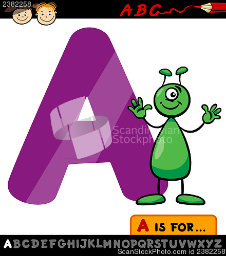 Image of letter a with alien cartoon illustration