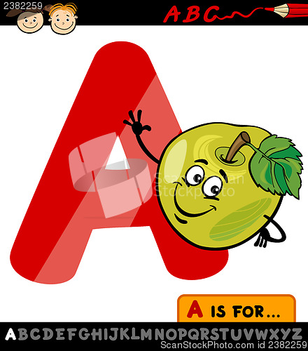 Image of letter a with apple cartoon illustration