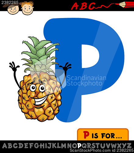 Image of letter p with pineapple cartoon illustration
