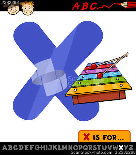 Image of letter x with xylophone cartoon illustration