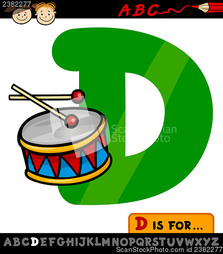 Image of letter d with drum cartoon illustration