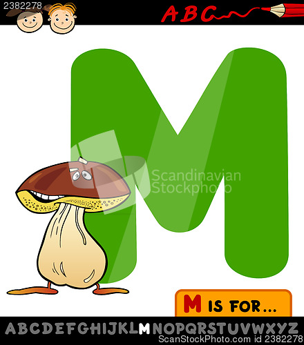 Image of letter m with mushroom cartoon illustration